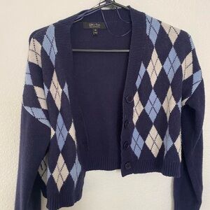 Women's Argyle Cardigan Sweater - Navy and Light Blue